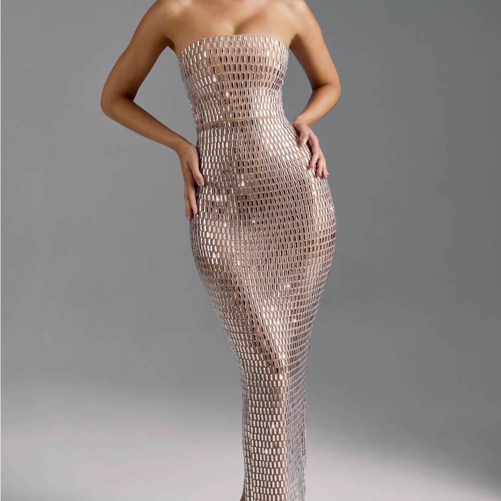 Oh Polly Amaya dress - Embellished Bandeau Maxi Dress in Almond